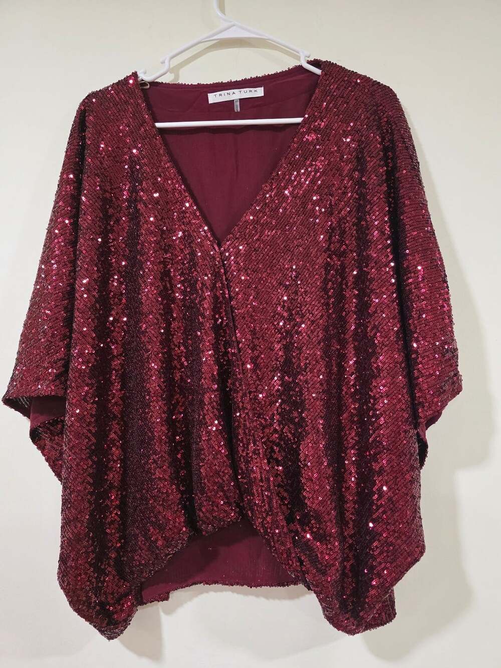 Trina Turk Red Sequin V-Neck Cape Top XL